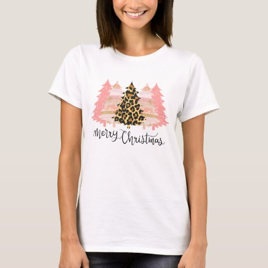 Vrolijk kerstfeest, roze kerstbomen t-shirt (Voorkant)