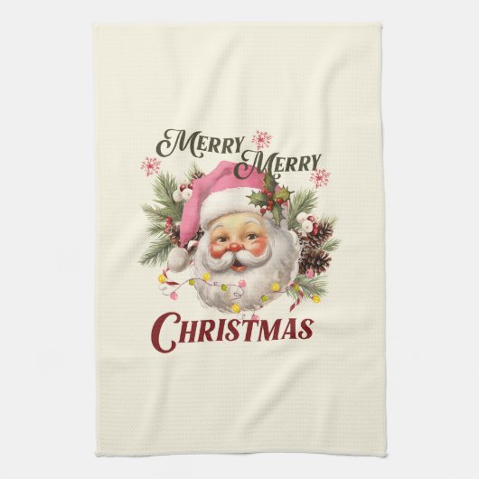 Vrolijk Kerstfeest - Roze Kerstman Theedoek (Verticaal)