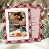Vrolijk Kerstfeest Roze Rood Plaid Tartan Foto Folie Feestdagenkaart