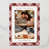 Vrolijk Kerstfeest Roze Rood Plaid Tartan Foto Folie Feestdagenkaart (Voorkant)