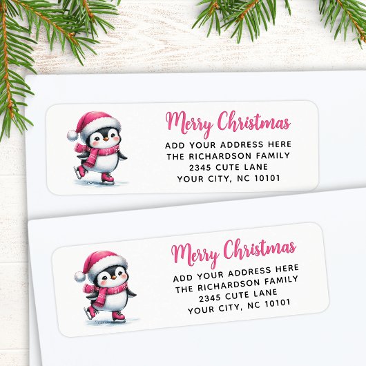 Vrolijk Kerstfeest Roze Schattigee Schaatspinguïn Etiket