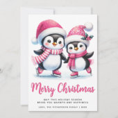 Vrolijk Kerstfeest Roze Schattigee Schaatspinguïns Feestdagenkaart (Voorkant)