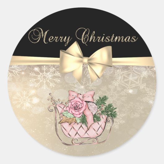 Vrolijk kerstfeest, Roze Sleigh, Snowflakes, Bow Ronde Sticker (Voorkant)