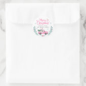 Vrolijk kerstfeest Roze Vrachtwagen Winter Floral Ronde Sticker (Tas)