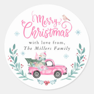 Vrolijk kerstfeest Roze Vrachtwagen Winter Floral Ronde Sticker