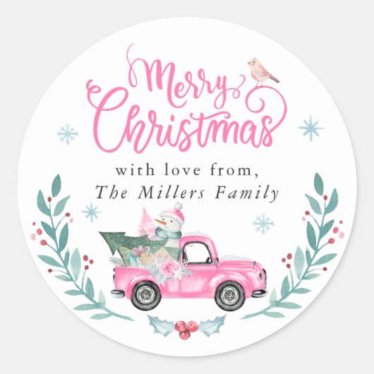 Vrolijk kerstfeest Roze Vrachtwagen Winter Floral Ronde Sticker (Voorkant)