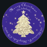 Vrolijk kerstfeest RSVP-groeten Gold Blue Navy Ronde Sticker<br><div class="desc">Het kerstbrandende Decor Delicate manuscript kenmerkt dit ontwerp. florenceK</div>