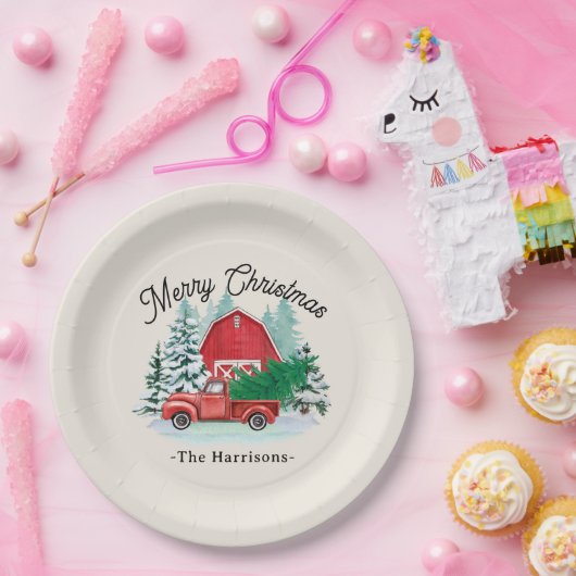 Vrolijk kerstfeest Rustic Red Truck Round Papieren Bordje (Feest)