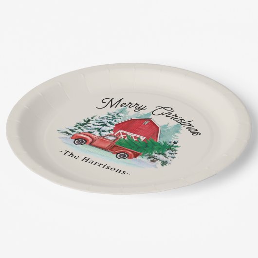 Vrolijk kerstfeest Rustic Red Truck Round Papieren Bordje (Gekanteld)