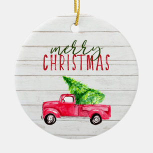 Vrolijk kerstfeest Rustic Red  Truck Tree Keramisch Ornament