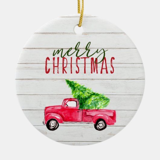 Vrolijk kerstfeest Rustic Red Truck Tree Keramisch Ornament (Voorkant)