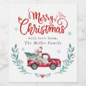 Vrolijk kerstfeest Rustic Red Truck Winter Floral Wijn Etiket (Enkel label)