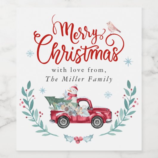 Vrolijk kerstfeest Rustic Red Truck Winter Floral Wijn Etiket (Enkel label)