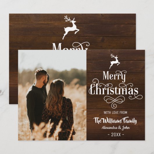 Vrolijk kerstfeest Rustic Typography Wood Foto Feestdagenkaart (Voorkant / Achterkant)