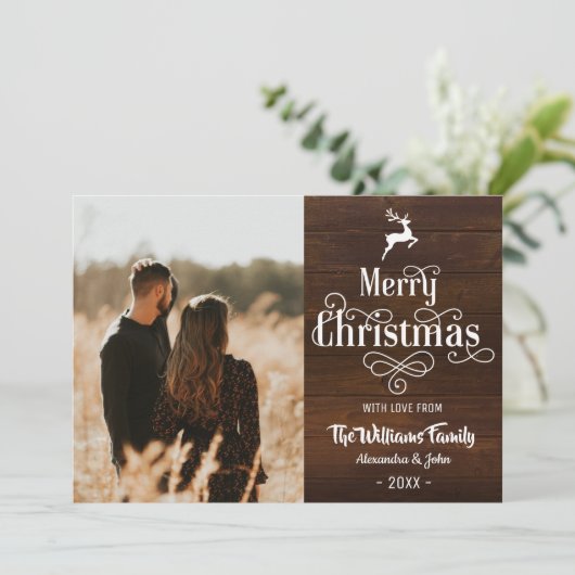 Vrolijk kerstfeest Rustic Typography Wood Foto Feestdagenkaart (Staand voorkant)