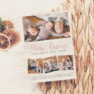 Vrolijk kerstfeest Rustic Wood Modern 4 Foto Holid Feestdagenkaart