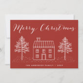 Vrolijk Kerstfeest Rustiek Handgetekende Huis & Li Feestdagenkaart (Voorkant)