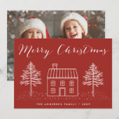 Vrolijk Kerstfeest Rustiek Handgetekende Huis & Li Feestdagenkaart (Voorkant / Achterkant)