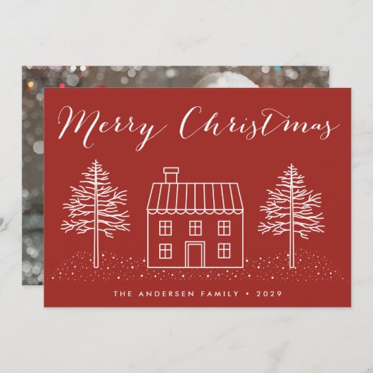 Vrolijk Kerstfeest Rustiek Handgetekende Huis & Li Feestdagenkaart (Voorkant / Achterkant)