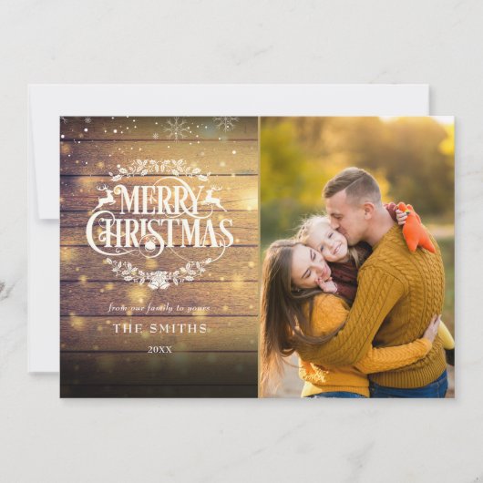 Vrolijk Kerstfeest Rustiek Hout Sneeuwvlokken Foto Feestdagenkaart (Voorkant)