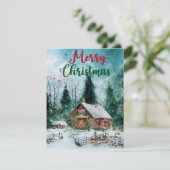 VROLIJK KERSTFEEST RUSTIEK ROOD HUIS FEESTDAGENKAART (Staand voorkant)