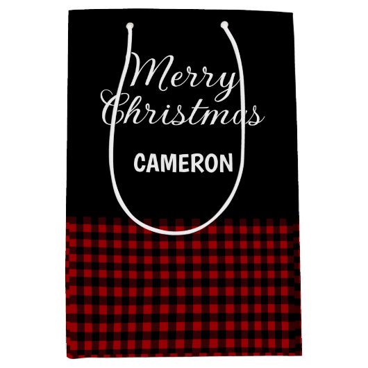 Vrolijk Kerstfeest Rustiek Rood & Zwart Buffalo Pl Medium Cadeauzakje (Voorkant)