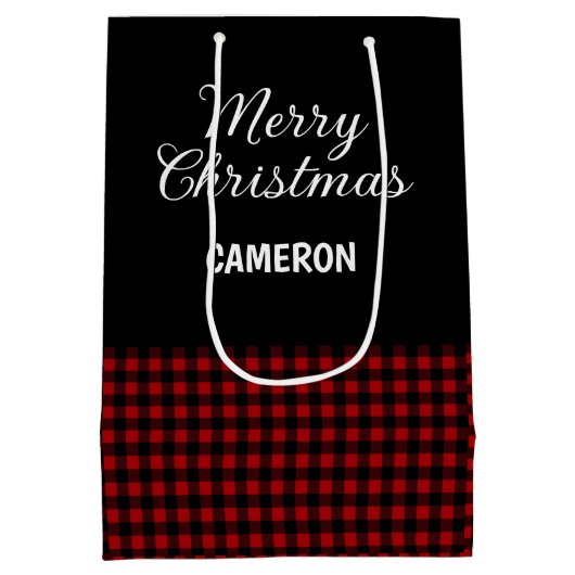 Vrolijk Kerstfeest Rustiek Rood & Zwart Buffalo Pl Medium Cadeauzakje (Achterkant)
