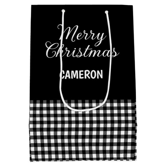 Vrolijk Kerstfeest Rustiek Zwart & Wit Buffalo Pla Medium Cadeauzakje (Achterkant)
