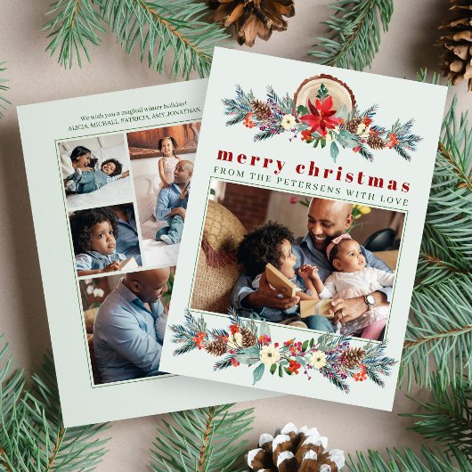 Vrolijk Kerstfeest rustieke bloemenfotocollage Feestdagenkaart