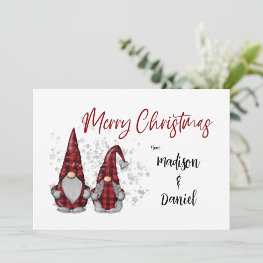 Vrolijk Kerstfeest Rustieke Gnomen in Rode Buffel  Feestdagenkaart (Staand voorkant)