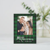 Vrolijk Kerstfeest Rustieke Groene Buffel Plaid Fo Feestdagenkaart (Staand voorkant)