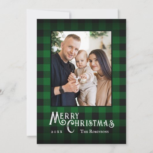 Vrolijk Kerstfeest Rustieke Groene Buffel Plaid Fo Feestdagenkaart (Voorkant)