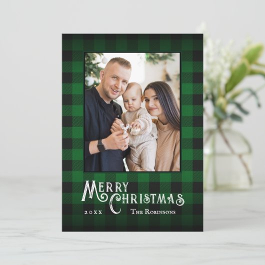 Vrolijk Kerstfeest Rustieke Groene Buffel Plaid Fo Feestdagenkaart (Staand voorkant)