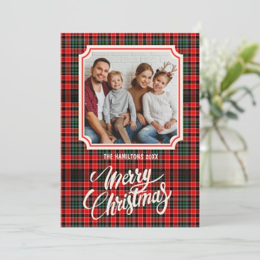 Vrolijk kerstfeest rustieke plaid familiefoto feestdagenkaart (Staand voorkant)