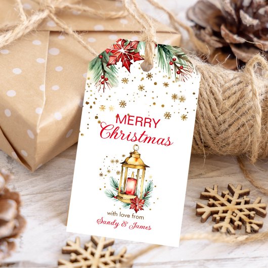 Vrolijk kerstfeest rustieke waterverf gouden lanta cadeaulabel