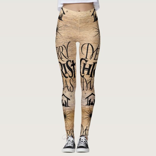 Vrolijk kerstfeest Rustisch hout Leggings (Voorkant)