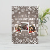Vrolijk kerstfeest Rustisch hout Snowflake 3 Foto Feestdagenkaart (Staand voorkant)
