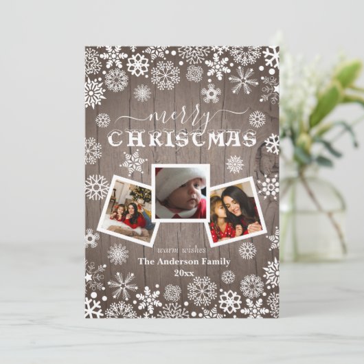 Vrolijk kerstfeest Rustisch hout Snowflake 3 Foto Feestdagenkaart (Staand voorkant)