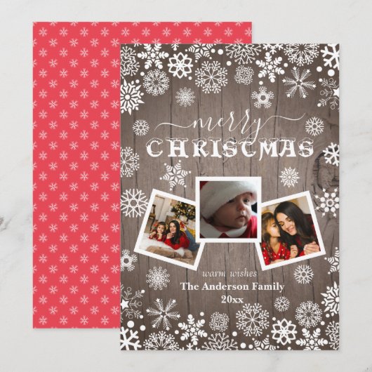 Vrolijk kerstfeest Rustisch hout Snowflake 3 Foto Feestdagenkaart (Voorkant / Achterkant)