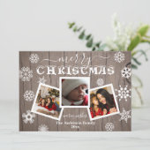 Vrolijk kerstfeest Rustisch hout Snowflake 3 Foto Feestdagenkaart (Staand voorkant)