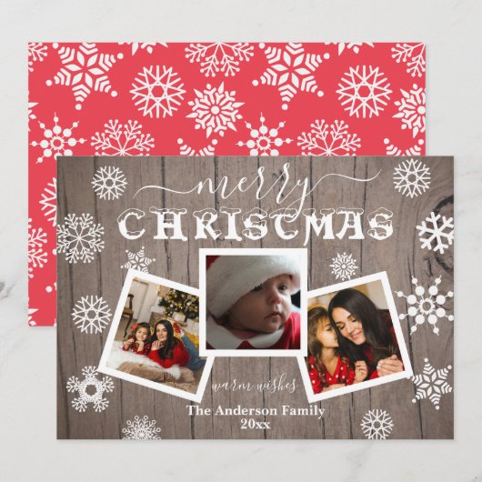 Vrolijk kerstfeest Rustisch hout Snowflake 3 Foto Feestdagenkaart (Voorkant / Achterkant)