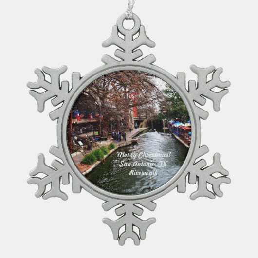 Vrolijk kerstfeest! San Antonio TX Riverwalk ornam Tin Sneeuwvlok Ornament (Voorkant)