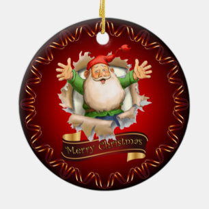 Vrolijk kerstfeest ~ Santa Breaking Through ~ Cera Keramisch Ornament