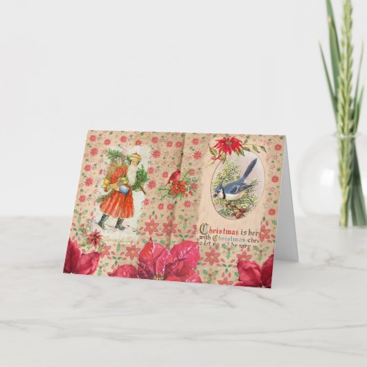 Vrolijk kerstfeest  Santa en Poinsettia Kaart (Voorkant)