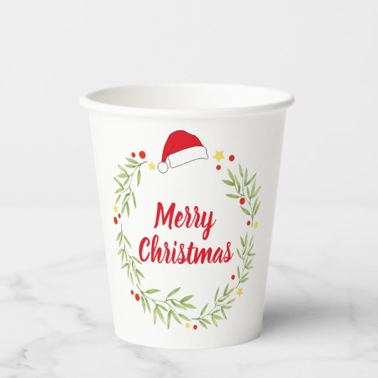 Vrolijk kerstfeest Santa Hat Greenery Wreath Party Papieren Bekers (Voorkant)