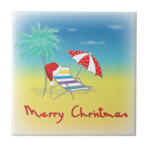 Vrolijk kerstfeest, Santa Hat, palmboom, strand Tegeltje
