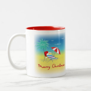Vrolijk kerstfeest, Santa Hat, palmboom, strand Tweekleurige Koffiemok