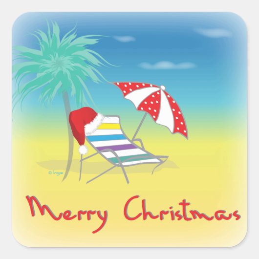 Vrolijk kerstfeest, Santa Hat, palmboom, strand Vierkante Sticker (Voorkant)
