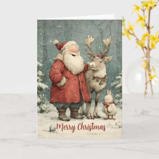 Vrolijk Kerstfeest  Santa & Reindeer Kaart (Gele Bloem)