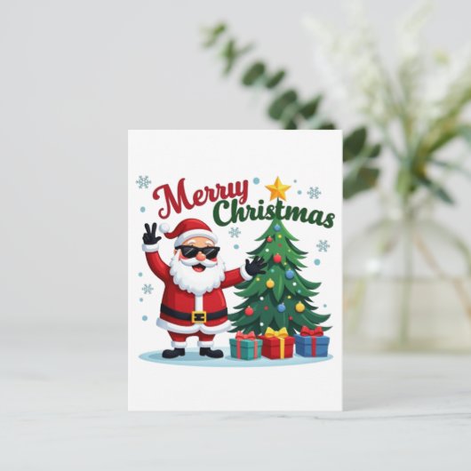 vrolijk kerstfeest | Santa & Tree Design Briefkaart (Staand voorkant)